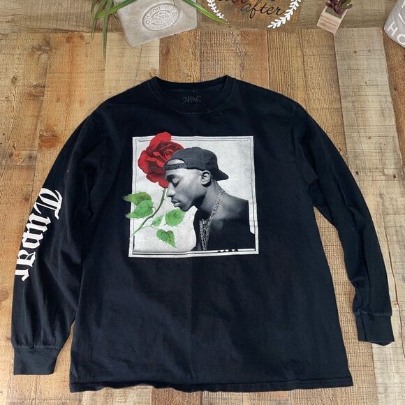 2Pac Black Long Sleeve Tupac Rose Graphic Crewneck T Shirt - Picture 7 of 9